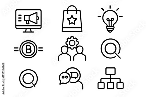 Branding and digital marketing thin line icon set. Concepts for web and apps including product, logo, idea, brand, collaboration, social media, target audience, and promotion.