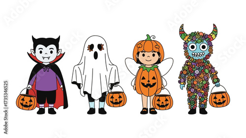 Halloween Characters' Gathering: A charming illustration features a delightful ensemble of classic Halloween characters, ready for trick-or-treating, their spooky yet endearing costumes.