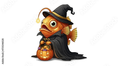 Mystical Halloween Angler Fish: This charming illustration depicts a bewitching angler fish donning a witch's hat and cloak, carrying a jack-o'-lantern, embodying the enchanting spirit of Halloween. 