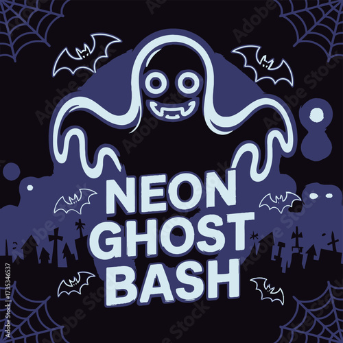 Spooky neon ghost bash party invitation with bats and cobwebs for a fun halloween celebration
