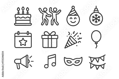 Celebration and party line icon set. Vector outline symbols for event, holiday, birthday, christmas, new year. Collection includes cake, gift, music, dancing, and carnival mask.