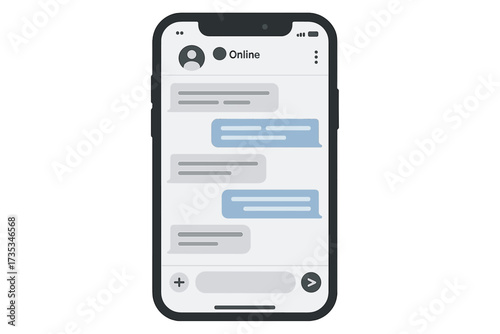 Chatbot mobile UI design concept. Sms messenger for online conversation with text messages. Smartphone screen with chat application interface. Dialogue bubbles for customer support.