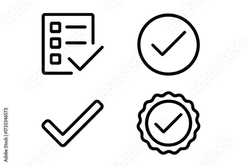 Checkmark and approved web icon set in modern line style. Checklist, accepted stamp, agree, and quality control symbols collection. Vector illustration for UI, UX design.