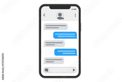 Chatbot mobile UI design concept for an SMS messenger app. Online conversation with texting message bubbles on a smartphone screen. Flat vector illustration on transparent background.