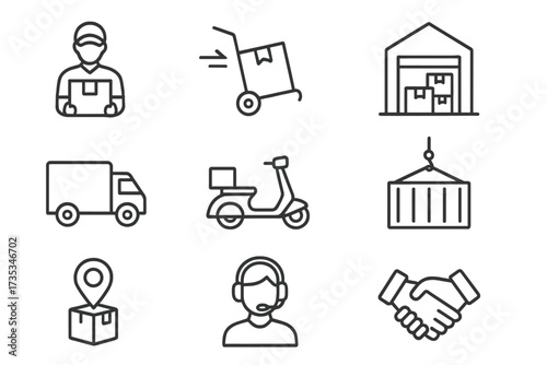 Logistics and shipping thin line icons set. Global freight distribution concept. Warehouse, truck, container, courier, order tracking, customer support and delivery service vector.