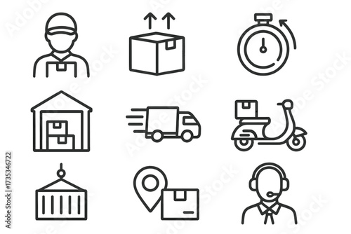 Delivery and logistics line icon set. Courier, shipping, express service, warehouse, truck, scooter, container, order tracking, support. Vector symbols for business & e-commerce.