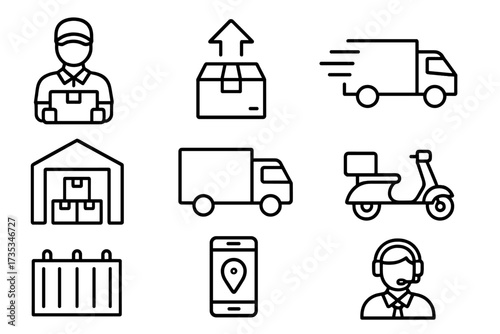 Logistics and delivery service line icon set. Courier, express shipping, warehouse, truck, scooter, order tracking and support pictogram. Vector business illustration.