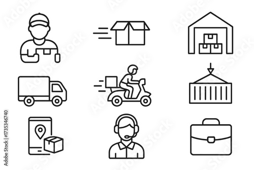 Delivery and logistics line icon set. Concepts for courier, shipping, express delivery, e-commerce, and transport. Includes warehouse, truck, scooter, container, tracking, support.