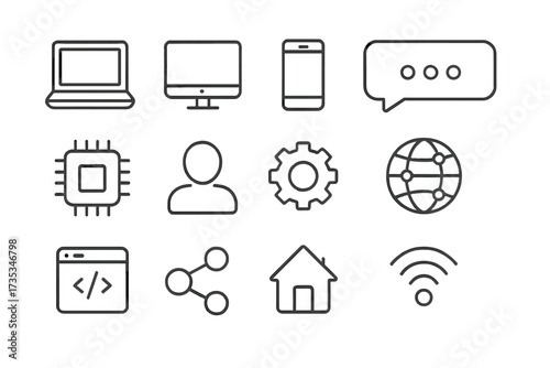 Technology and computing line icon collection. Web and mobile device pictograms for social network, programming, user interface, management and internet connection. Vector icons set.
