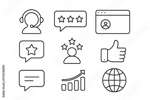 Feedback and testimonial thin line icon set. Customer support, rating, website review, and user satisfaction symbols. Online service, like, comment, data, and survey icons.