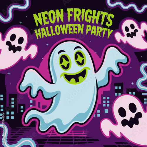 Spooky and fun neon frights halloween party invitation featuring playful ghosts and a vibrant cityscape