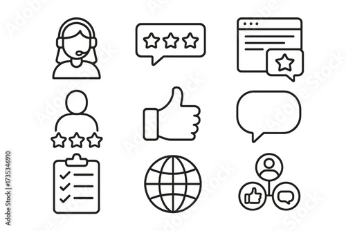 Feedback and testimonial line icon set. Customer review, rating, and satisfaction symbols. Web and app UI kit for support, survey, like, and comment concepts. Vector collection.