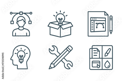 Graphic design line icon set. Icons for creative process, designer, ideas, vector software, and drawing tools. Think outside the box, innovation, and creative package concepts.