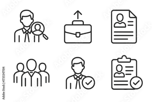Headhunting and recruitment line icon set. Job search, career growth, and resume concepts. Vector icons for candidate selection, work group, and hiring process illustration.