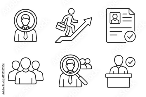 Headhunting and recruitment line icon set. Human resources concepts. Job hiring, career growth, resume review, candidate selection, work group, and employee search vector icons.