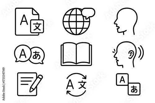 Language translation line icon set. Vector icons for linguistics, dictionary, communication. Includes speaking, listening, writing, and learning symbols. Global and multilingual concept.