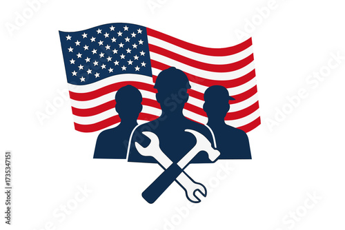 Happy Labor Day USA holiday banner with American flag. Greeting card design with worker silhouettes, hard hat, and tools like hammer and wrench. Celebration of work and job.