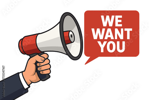 We want you hiring and recruitment concept. Hand holding megaphone for job vacancy announcement. Loudspeaker for advertising and business marketing. Join our team poster vector.