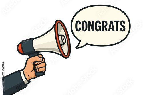 Congrats announcement concept. Man's hand in a suit holds a megaphone or loudspeaker. Speech bubble for congratulations, promotion, success, and victory. Business marketing banner.