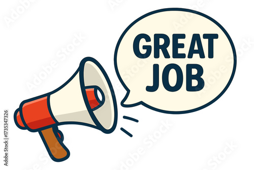 Megaphone with Great Job speech bubble. Loudspeaker for announcement, praise, and appreciation. Concept for business success, employee recognition, positive feedback, and motivation.