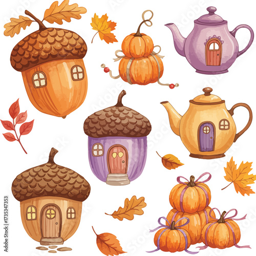 Whimsical autumn acorn and pumpkin houses for festive fall decor