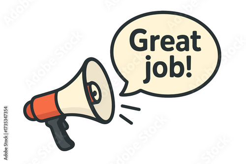 Megaphone with Great Job speech bubble. Loudspeaker for praise, appreciation, and employee recognition. Positive feedback, success, and achievement announcement concept vector.