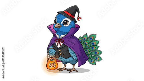 Halloween Peacock: A captivating digitally created peacock, adorned in a Halloween costume, embodying the spirit of festive fun, clutching a candy-filled bag, with a black hat, purple cape.