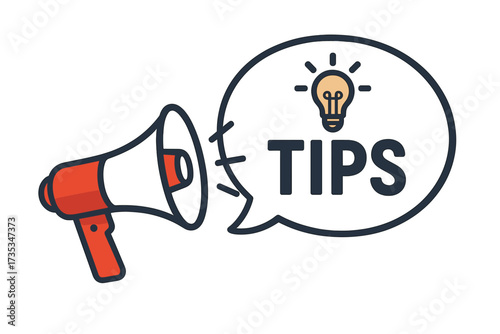 Megaphone with tips speech bubble. Loudspeaker for announcement. Light bulb icon for idea and solution. Concept of advice, help, and guidance. Business and marketing banner.