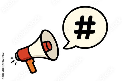 Megaphone with hashtag speech bubble. Loudspeaker for social media marketing and advertising. Concept for promotion, announcement, and communication. Vector icon illustration.