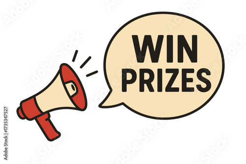 Win prizes announcement with a megaphone. Loudspeaker promotion for contest and giveaway. Marketing advertising banner. Speech bubble communication concept. Business lottery vector.