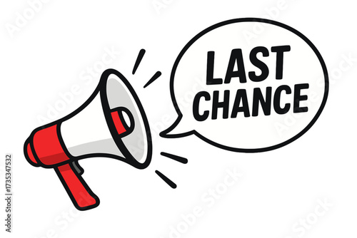 Megaphone with Last Chance speech bubble. Loudspeaker for business, marketing and advertising. Final call promotion banner. Sale announcement, special offer, urgent deadline concept.