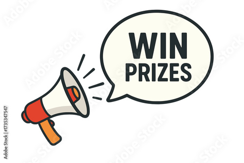Megaphone with Win Prizes speech bubble. Loudspeaker for promotion, contest, and giveaway announcement. Vector icon for business marketing, advertising banner, lottery, and rewards.