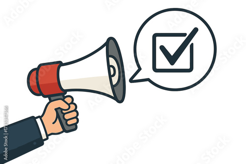 Hand with megaphone and checkmark. Your voice matters concept for voting, feedback, and surveys. Loudspeaker for business marketing, promotion, and announcement. Vector icon.