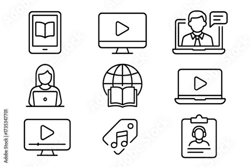 Online education and e-learning line icon set. Concepts like video tutorial, mentor, webinar, distance learning, audio course, e-book. Vector pictogram collection for app and web.
