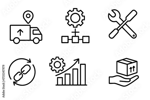 Operations management web icons in line style. Logistics, business process, maintenance, supply chain, improvement, planning, collection. Vector illustration pack for web and apps.