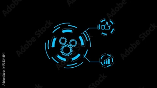 Glowing neon line setting icon with spinning gears icon and like baton and graph chart animated 4k video motion video . isolated on black background.4k Animation video.