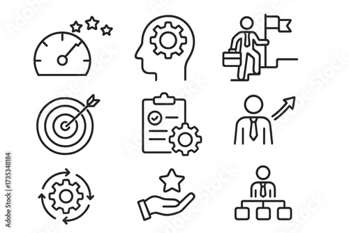 Productivity and efficiency line icon set. Business performance, success, goal achievement, career growth, management, and workflow process symbols. Vector illustration collection.