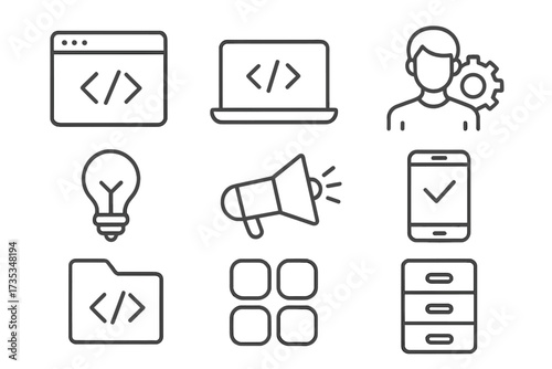 Programming and coding web icons set. Thin line style symbols for information technology, developer, idea, advertising, app, archive, collection. Vector UI UX design kit.