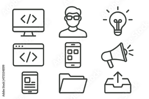 Programming and coding line icon set. Information technology, developer, app development, website, marketing, idea. Vector web icons collection for UI UX design and business.