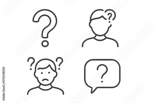 Question mark line icon collection. Confused person, insecure man thinking. Concept of problem, doubt, quiz, faq, help and support. Ask symbol. Vector web illustration set.