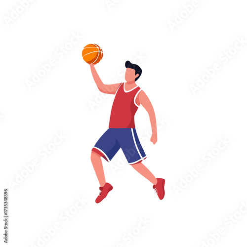 A basketball player in a red jersey and blue shorts jumps to shoot the ball.
