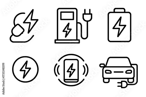 Charging icon set in thin line style. Vector symbols of electricity, power, battery, and energy. Collection includes electric car, EV station, wireless charger, and plug pictogram.