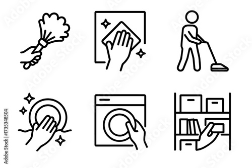 Cleaning service line icon set. Household chores vector symbols. Includes dusting, wiping, vacuuming, washing dishes, using dishwasher, and organizing. Housekeeping hygiene signs.