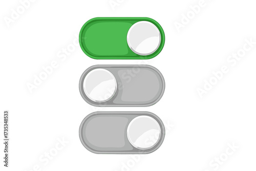 Realistic switch toggle buttons set. Sliders in ON and OFF position. UI UX web and mobile app interface design element. Vector illustration of active and inactive buttons.