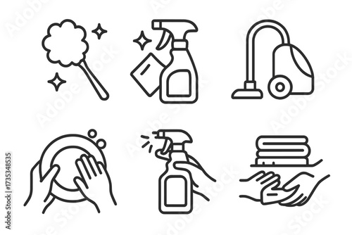 Cleaning service and housekeeping chore icon set. Vector line art symbols for dusting, washing dishes, vacuuming, spraying, and laundry. Hygiene and sanitation concept.