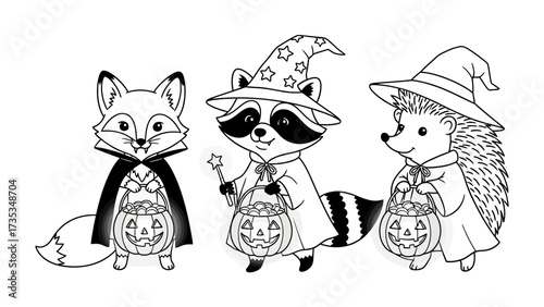 Spooky Companions: A charming collection of illustrated animals, all dressed in Halloween costumes, ready for trick-or-treating, a whimsical and delightful scene.