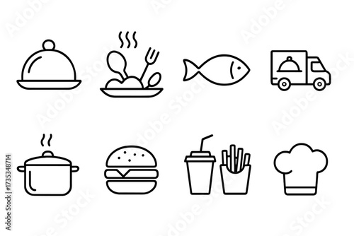 Restaurant food delivery icon set. Line style vector icons for cooking, fast food, meal, fish, burger. Chef hat, pot, cloche and truck for web and mobile apps.