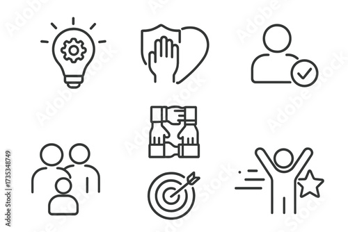Core values web icon set in line style. Innovation, integrity, customers, accountability, teamwork, goals, motivation collection. Business ethics and company principles concept.