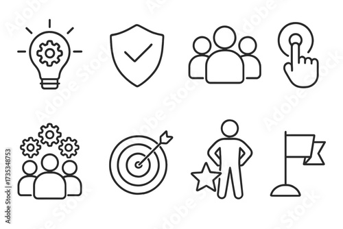 Core values line icon set. Business principles and ethics vector symbols. Concepts of innovation, integrity, teamwork, goals, accountability, motivation, and customer focus.
