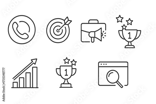 SEO web icons in thin line style. Business and marketing concepts. Contact, target, promotion, ranking, traffic growth, and website optimization vector illustration set.